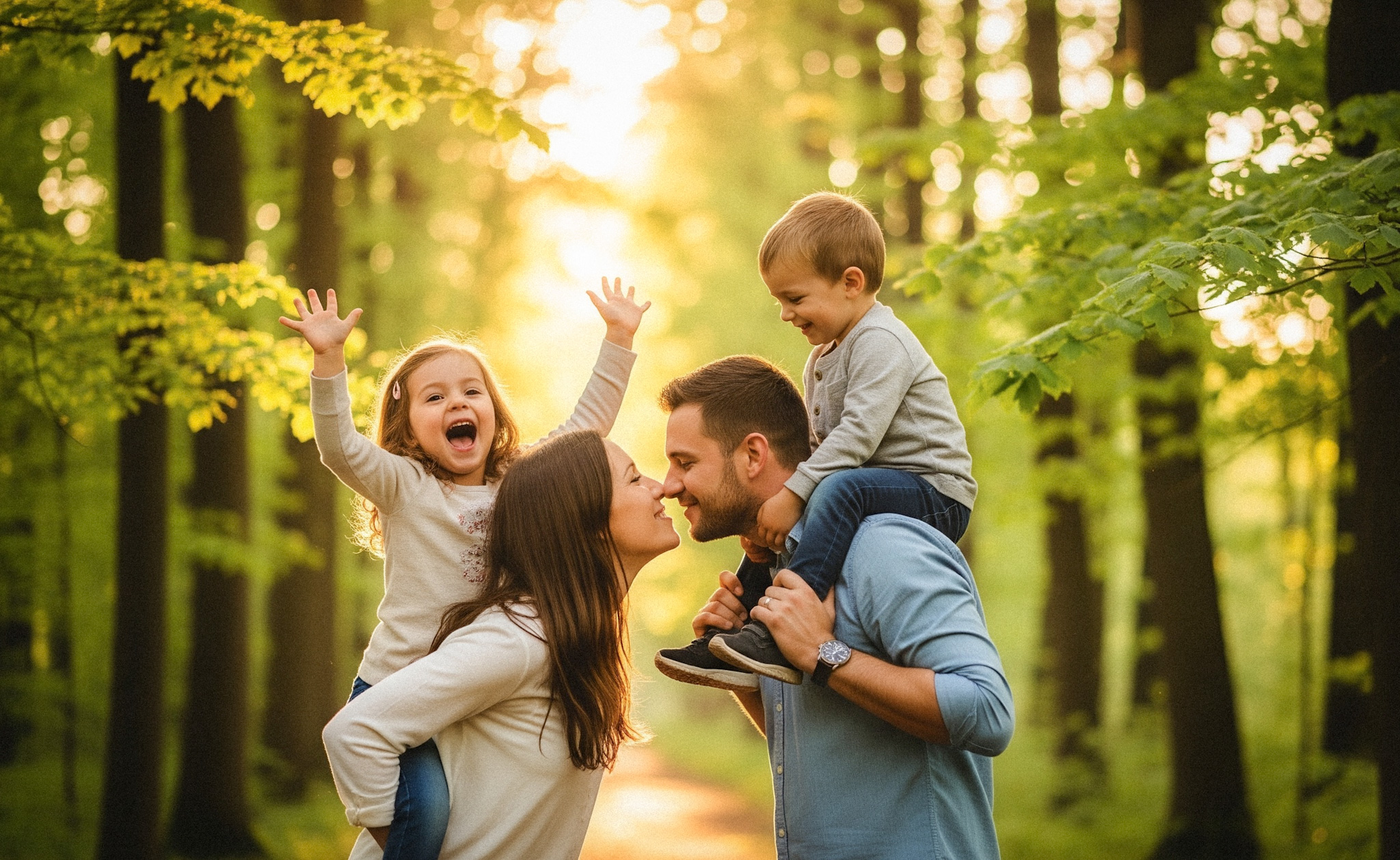 Familientherapie Schaubild mit Paar mit zwei Kindern auf den Schultern Paar mit zwei Kindern auf den Schultern